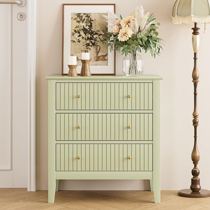 Night Stand, Fluted 3 Drawer Wide Farmhouse Nightstand with Gold Handle, Modern Wooden Bedside End Table for Bedroom, Living Room, Pale Green