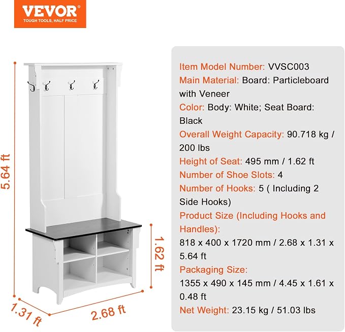 VEVOR Hall Tree Entryway Bench, Coat Rack with Shoe Storage, 32" Wide Mudroom Bench with Seating and Adjustable Shelves, 5 Hanging Hooks and 4 Storage Drawers, for Mudroom, Entryway, Hallway