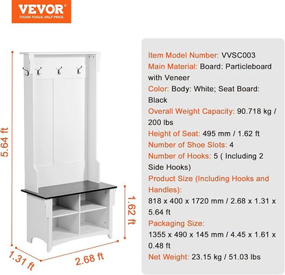 VEVOR Hall Tree Entryway Bench, Coat Rack with Shoe Storage, 32" Wide Mudroom Bench with Seating and Adjustable Shelves, 5 Hanging Hooks and 4 Storage Drawers, for Mudroom, Entryway, Hallway
