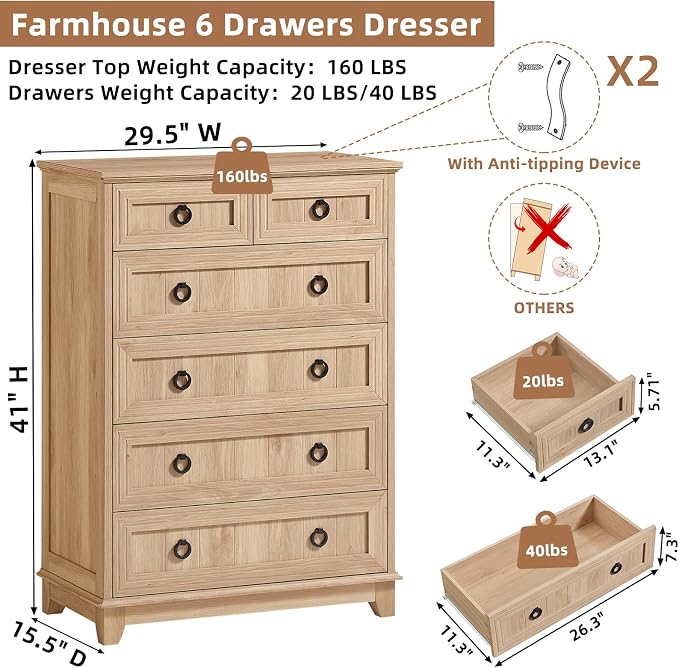 Joaxswe Farmhouse 6 Drawer Dresser for Bedroom, 41" Tall Small Dressers & Chest of Drawers, Rustic Wood Dresser with Metal Handle, Storage Organizer Closet for Living Room, Hallway, Entryway