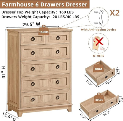 Joaxswe Farmhouse 6 Drawer Dresser for Bedroom, 41" Tall Small Dressers & Chest of Drawers, Rustic Wood Dresser with Metal Handle, Storage Organizer Closet for Living Room, Hallway, Entryway
