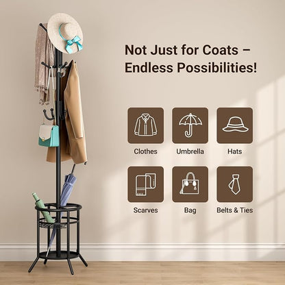 ELYKEN Coat Rack Freestanding, Metal Coat Rack with Umbrella Holder | 12 Hooks, Round Base, Heavy Duty Floor Standing Coat Tree for Entryway, Hallway, Living Room, Bedroom, Office, Black