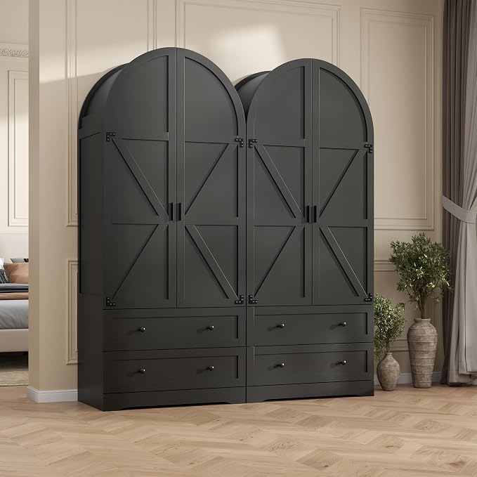 Gyfimoie Black Armoire Wardrobe Closet with 2 Drawers, 75" Wooden Wardrobe with 2 Doors, Freestanding Closet Armoire Cabinet with Hanging Rack, Clothing Storage Cabinet for Bedroom (Black)