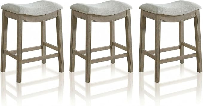 ROME + OAK Set of 3 Parker 26 Inch Counter Stool, Backless Saddle Kitchen Barstool in Reclaimed Oak Finish with Grey Fabric Upholstery Cushion Seat