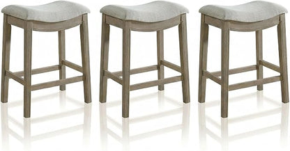 ROME + OAK Set of 3 Parker 26 Inch Counter Stool, Backless Saddle Kitchen Barstool in Reclaimed Oak Finish with Grey Fabric Upholstery Cushion Seat