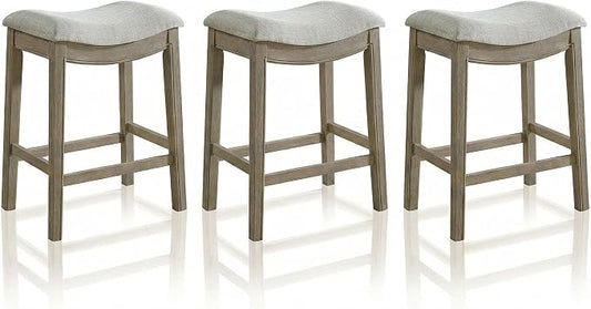 ROME + OAK Set of 3 Parker 26 Inch Counter Stool, Backless Saddle Kitchen Barstool in Reclaimed Oak Finish with Grey Fabric Upholstery Cushion Seat