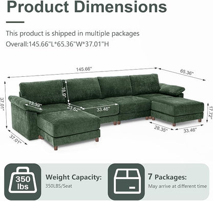 Oversized L Shaped Sectional Couch for Living Room, Extra Large Deep Seat Modular Sectional Sofa with Washable Covers, Modern Cloud Couch for Apartment, Bedroom (Green, U Shape 6 Seat)