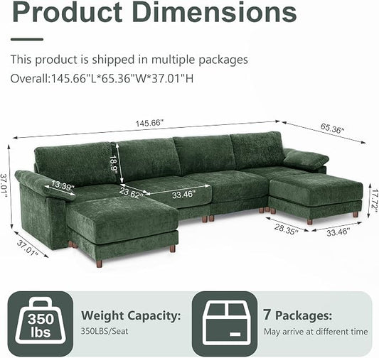 Oversized L Shaped Sectional Couch for Living Room, Extra Large Deep Seat Modular Sectional Sofa with Washable Covers, Modern Cloud Couch for Apartment, Bedroom (Green, U Shape 6 Seat)