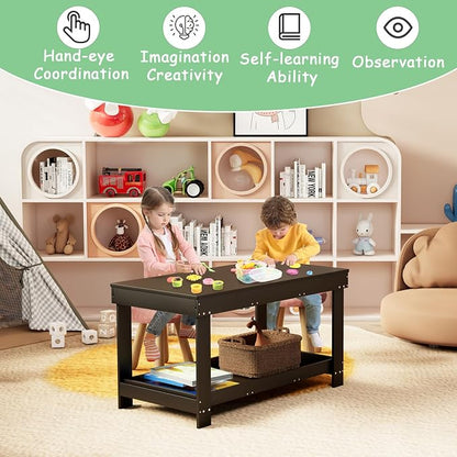 2 in 1 Kids Activity Train Table with Board and Storage, Wooden Play Table for Arts Draw, Building Blocks, Reading