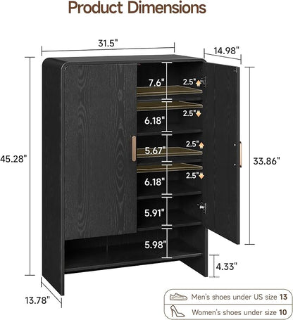 ONBRILL 6-Tier Shoe Storage Cabinet, 45'' Large Farmhouse Shoe Cabinet for Entryway, Modern Wooden Shoe Organizer Cabinets with Doors and Shelves, for Front Door Hallway (Black)