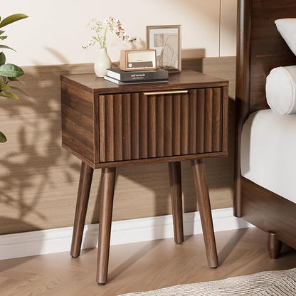 VINGLI Night Stand, Fluted Nightstand Wood, Mid Century Modern Nightstand for Bedroom, Bedside Table, Wood Side Table, Small Night Stand Walnut, 15.75" W*11.81" D*21.85" H