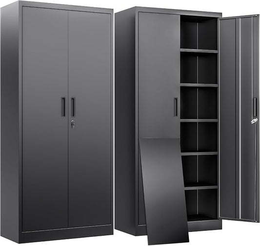 BESFUR Metal Storage Cabinet with 2 Doors and 5 Adjustable Shelves Garage Storage Cabinet with Lock 71" Office Storage Cabinets Locking Cabinets for Garage Office Shop Home (Black)