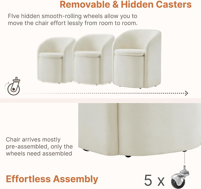 KISLOT Upholstered Dining Chairs with Casters, No Assembly Rolling Modern Dining Room Chairs with Hidden Storage & Barrel Backrest, Accent Chair for Bedroom, Living Room, Dressing, Linen, Set of 4