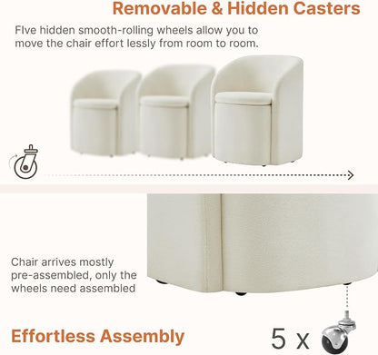 KISLOT Upholstered Dining Chairs with Casters, No Assembly Rolling Modern Dining Room Chairs with Hidden Storage & Barrel Backrest, Accent Chair for Bedroom, Living Room, Dressing, Linen, Set of 4