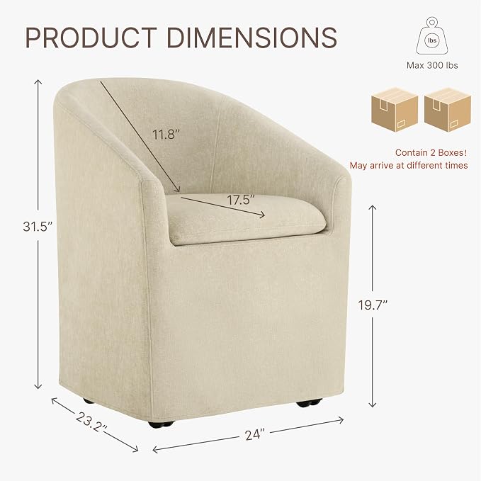 KISLOT Upholstered Dining Chairs with Casters, Washable Cover Modern Dining Room Chairs with Barrel Backrest & Dual Armrest for Kitchen, Living Room, Bedroom, Sand Fabric, 2PCS