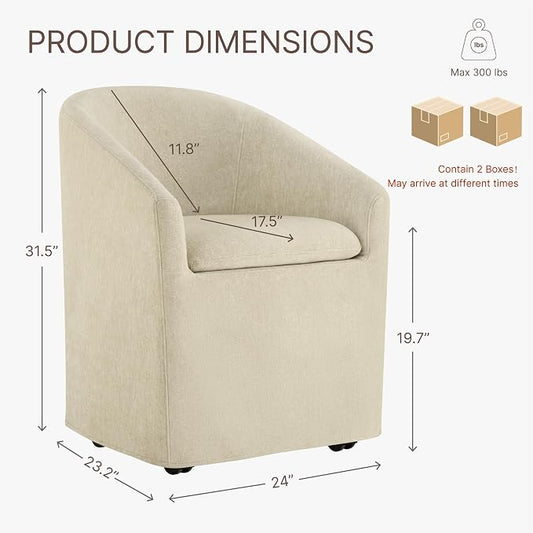 KISLOT Upholstered Dining Chairs with Casters, Washable Cover Modern Dining Room Chairs with Barrel Backrest & Dual Armrest for Kitchen, Living Room, Bedroom, Sand Fabric, 2PCS