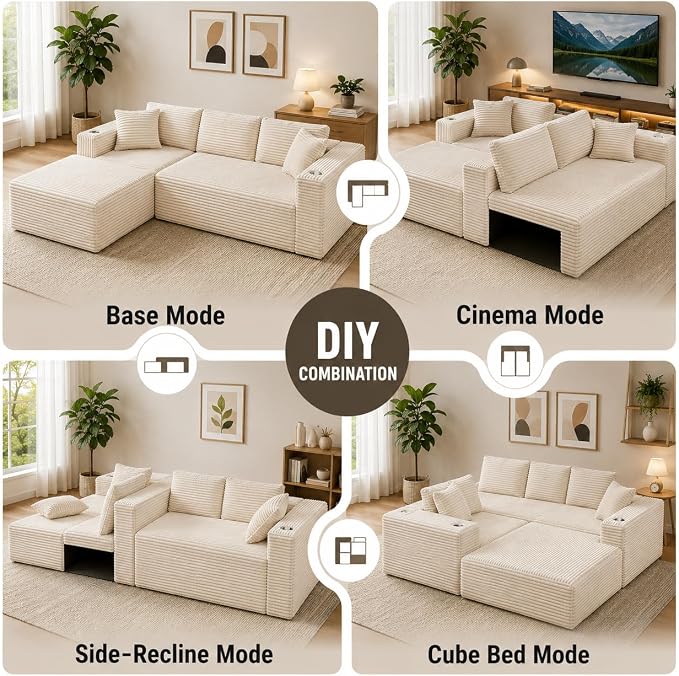 103” Cloud Sectional Couch, Convertible Boneless Couch, Modular L-Shaped Couch, Soft Friendly Fluffy Couch, No Assembly Required(Left-Facing, Beige)