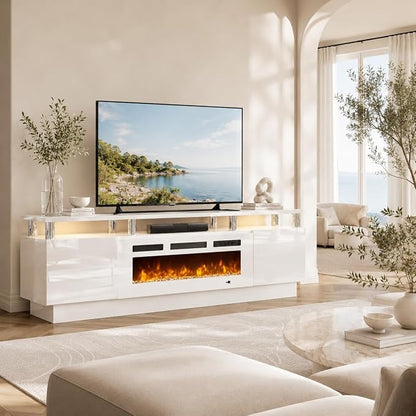 70" TV Stand for Living Room, Entertainment Center & Media Console with Storage, Fits TVs up to 80", Modern TV Cabinet with Shelves, 36" Electric Fireplace (All White)