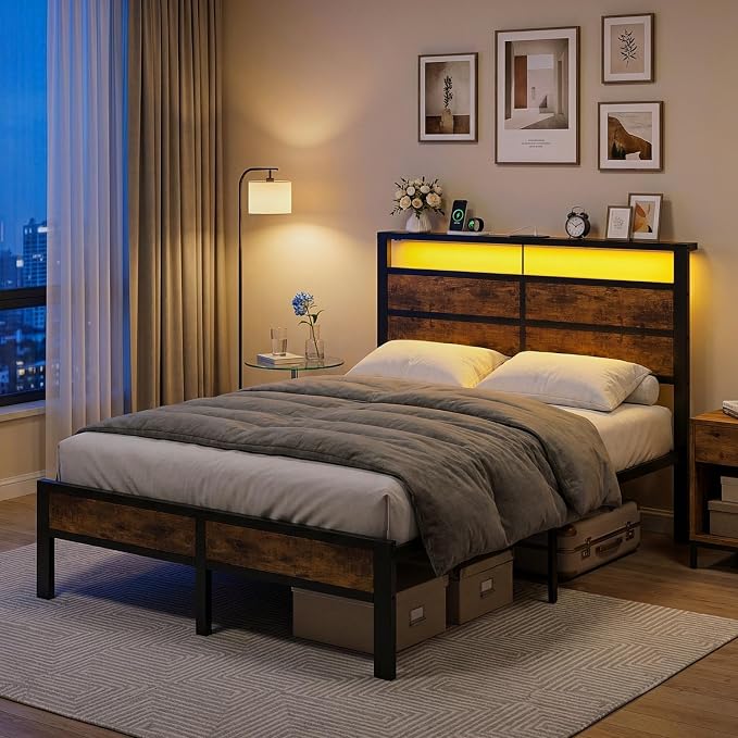 Full Size Metal Bed Frame with Storage Headboard, LED Lights and USB Charging Ports, Brown Platform Bed with Sturdy Slats, No Box Spring Needed, Easy Assembly, Noise Free