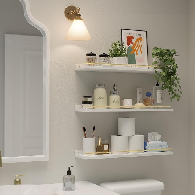 WOPITUES Floating Shelves 24 inch with Gold Metal Guardrail, Shelves for Wall Decor Set of 3, Wall Shelves for Bedroom, Bathroom, Kitchen, Living Room, Plants, Picture Frames, Art- White and Gold