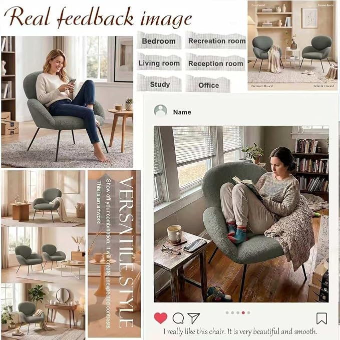 Accent Chair, Cloud Accent Chair for Bedroom, Boucle Fabric (Green) | Comfy Bedroom Chair with Love Back and Sturdy And Durable Solid-Wood Frame/ Study Room / Bedroom / Living Room /(Cream Style)