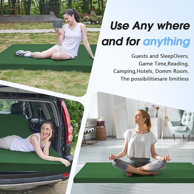 CYMULA 3 Inch Memory Foam Camping Pad, Camping Essentials Roll Up Floor Mat for Car Camping, Cot, Tent, Truck, Travel and Guest Use, Non-Slip Waterproof Bottom, Removable Cover