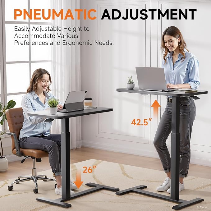 GTPLAYER Small Standing Desk with Hidden Wheels, Pneumatic Mobile Rolling Laptop Desk, Adjustable Height Overbed Bedside Table Computer Workstation for Home Office (28" W x 16" D, Black)