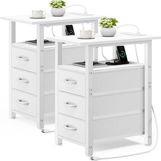 Vagusicc Set of 2 White Night Stand with Charging Station, Narrow Nightstand with U-S-B Ports and Outlets, Small Night Stand 3 Fabric Storage Drawers, Small Bedside Table