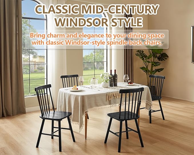 PrimeZone Windsor Dining Chairs Set of 8 - Solid Rubber Wood Farmhouse Kitchen Chair with Spindle Back, Mid-Century Modern Side Dining Chair for Dining Room, Kitchen & Restaurant, Black