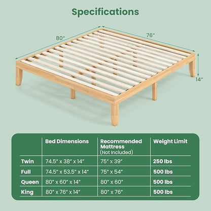 KOMFOTT 14 Inches Wood Platform Bed Frame King Size, Wooden Mattress Foundation with Rubber Wood Frame, Strong Wooden Slats Support, No Box Spring Needed, Bed Frame (Natural)
