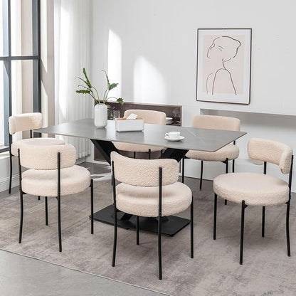 Cinxzar Boucle Dining Chairs Set of 4, Upholstered Dining Room Chairs with Black Metal Legs, Round Modern Dining Chair for Dining Room, Kitchen