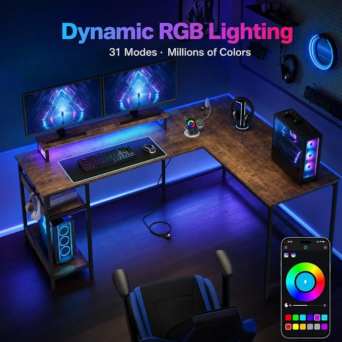 DEVAISE Spacious 55" L Shaped Gaming Desk with LED Lights and Power Outlets - Reversible Corner Computer Table with Monitor Stand and Storage Shelves for Work and Gaming, Rustic Brown