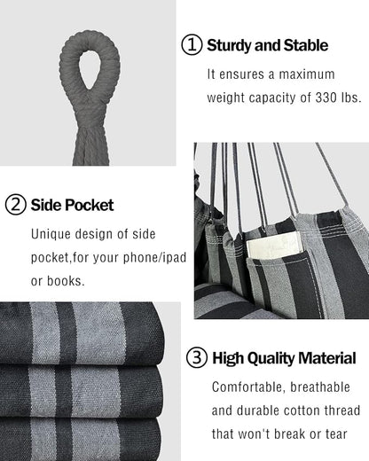 Halalona Hammock Chair Hanging Hammock Chair Rope Swing 2 Cushions Included-Sturdy & Durable Soft Cotton Hand Woven Hammock Swing for Bedroom, Porch, Patio-Indoor/Outdoor
