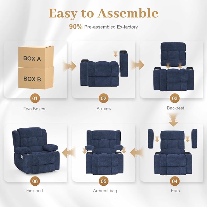 New Recliner Chair for Adults, Oversized Fabric Loveseat Recliner, Manual Pull Tab Reclining Chair with Cup Holders, Minimalist Style Single Sofa for Living Room, RV (Blue)