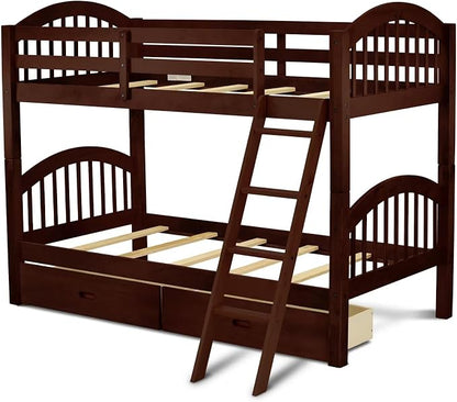 East West Furniture VEB-08-TA Hardwood Bunk Beds for Compact Spaces with Ladder and Two Drawers, Java Finish