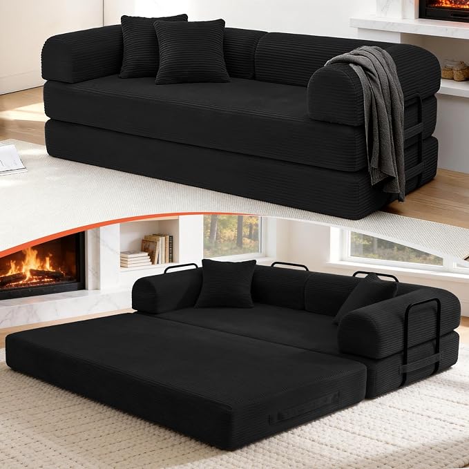 78.8" Memory Foam Boneless Couch, Corduroy Floor Sofa Bed, Convertible Sleeper Futon Loveseat, Wide Armrests & Back Support, Supports Up to 1200 lbs, Couch in a Box with 2 Pillows, Black