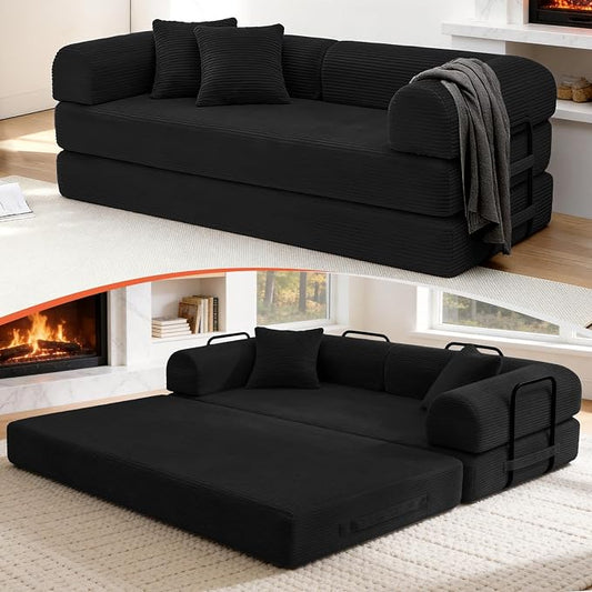 78.8" Memory Foam Boneless Couch, Corduroy Floor Sofa Bed, Convertible Sleeper Futon Loveseat, Wide Armrests & Back Support, Supports Up to 1200 lbs, Couch in a Box with 2 Pillows, Black