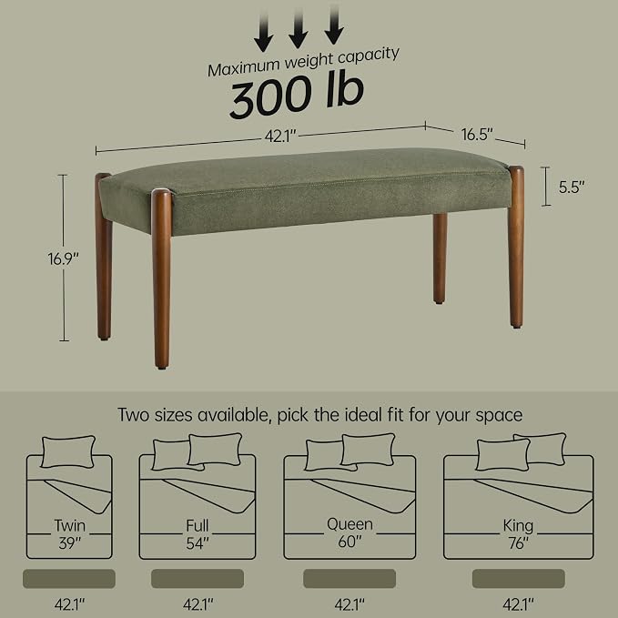 Usaint 42" End of Bed Bench, Modern Upholstered Bedroom Bench with Rubberwood Legs, Entryway Bench with Cushion, Dining Bench for Living Room, Bedroom, Dark Green with Walnut Leg