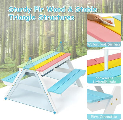Costzon Kids Picnic Table with Sensory Bins, 4 in 1 Sand and Water Table with Height Adjustable Umbrella, Removable Tabletop for Outdoor Backyard Patio Play