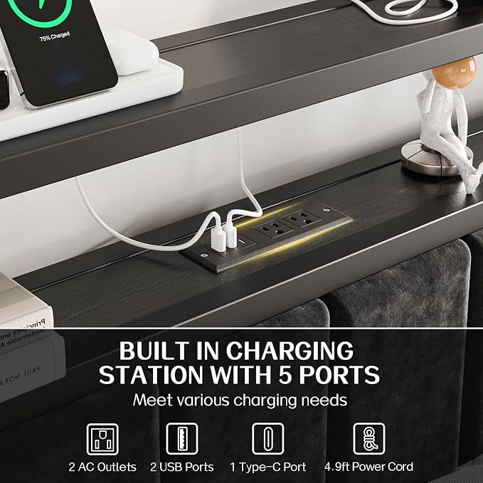 OLEVS Queen Size Bed Frame with LED Lights & Charging Station, Modern Platform Bed with 2-Tier Storage Headboard, No Box Spring Needed, Noise Free