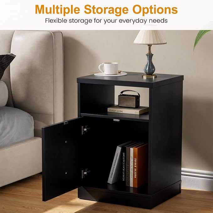 RoyalCraft Black Nightstand Set of 2, Small End Table with Storage Shelf and Door, Faux Two-Drawer Design Side Table, Modern Night Stand for Bedroom Dorm, Wood Beside Table for Small Spaces