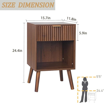 Fultyle Walnut Nightstand, Modern Night Stand with Fluted Drawer and Open Storage, Wooden Bedside Table with Solid Wood Legs for Bedroom, Living Room, Office (Walnut Brown)