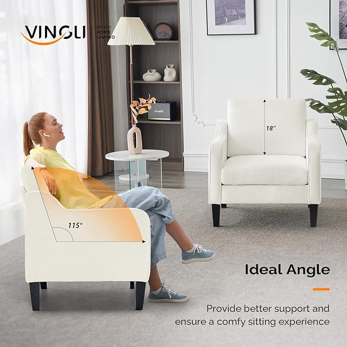 VINGLI Living Room Chairs White Accent Chair Soft Chenille Comfy Arm Chair Mid Century Modern Sofa Chair for Small Spaces Bedroom, Home Offfice, Apartment, Lounge (Creamy White)