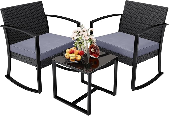 Greesum 3 Pieces Outdoor Furniture Set Patio Bistro Rocking Chairs with Glass Coffee Table for Pool Beach Backyard Balcony Porch Deck Garden, Gray