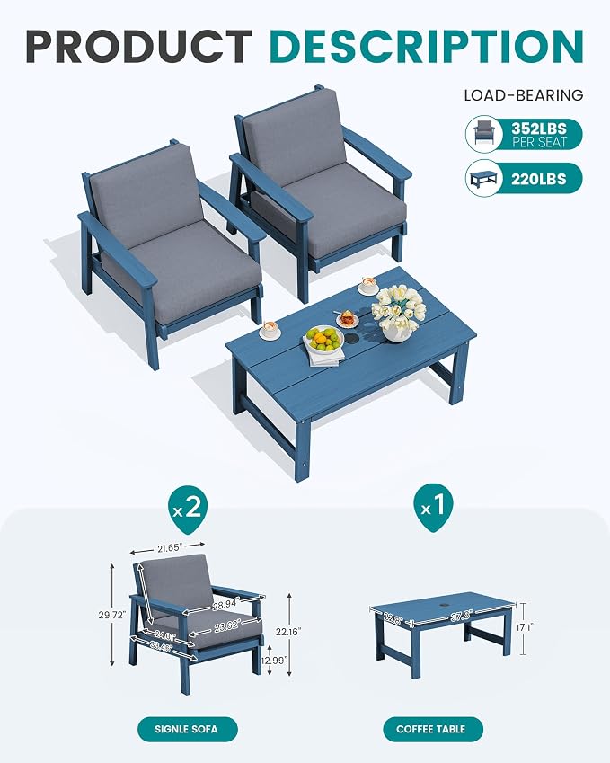 SERWALL HDPE Outdoor Couch, Blue Frame and Grey Cushion