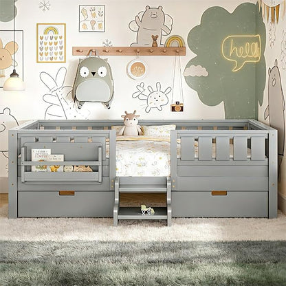 Bellemave Twin Bed with Storage Drawers & Bookshelf, Low Profile Kids Bed Frame with Staircase & Full Length Guardrails, Solid Wood Twin Bed for Kids with Slats Load 300LBS, Easy Assembly, Grey