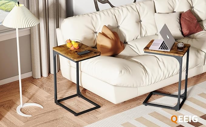 QEEIG C Shaped Side Table Set of 2 Living Room Sets Couch Tray Tables Small Farmhouse 11.8 inch Width, Rustic Brown (017A-30BN)