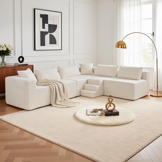 Claiks 128" Modular U Shaped Couch, Sectional Deep Seat Sofa with Pet Stair, Khaki