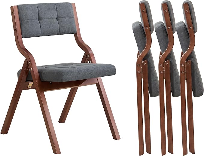 Folding Chairs with Cushion Set of 4,Padded Foldable Dining Chairs,Portable Wooden Folding Dining Chairs for Dining Room Kitchen Wedding Party Indoor Linen Walnut Darkgrey