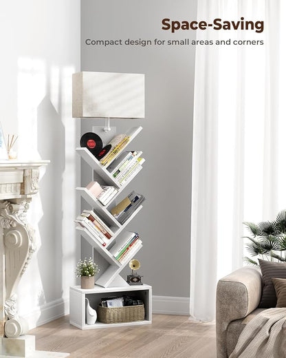 Evermagin 6 Tier Tree Bookshelf with Light, Narrow Bookcase Tower, Tall Floor Standing Book Shelf Organizer with Storage Cabinet for Living Room, Bedroom and Home Office, White